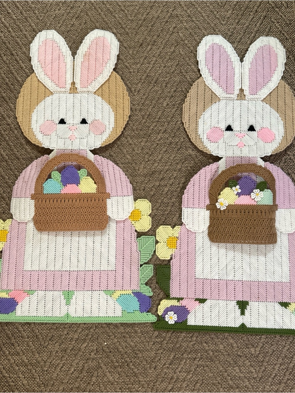 Set of 2 Easter Bunny Needlepoint Plastic Art - Pink Bunny with Brown Basket